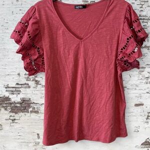 Crochet Sleeve Tee - Rose/Rust Red